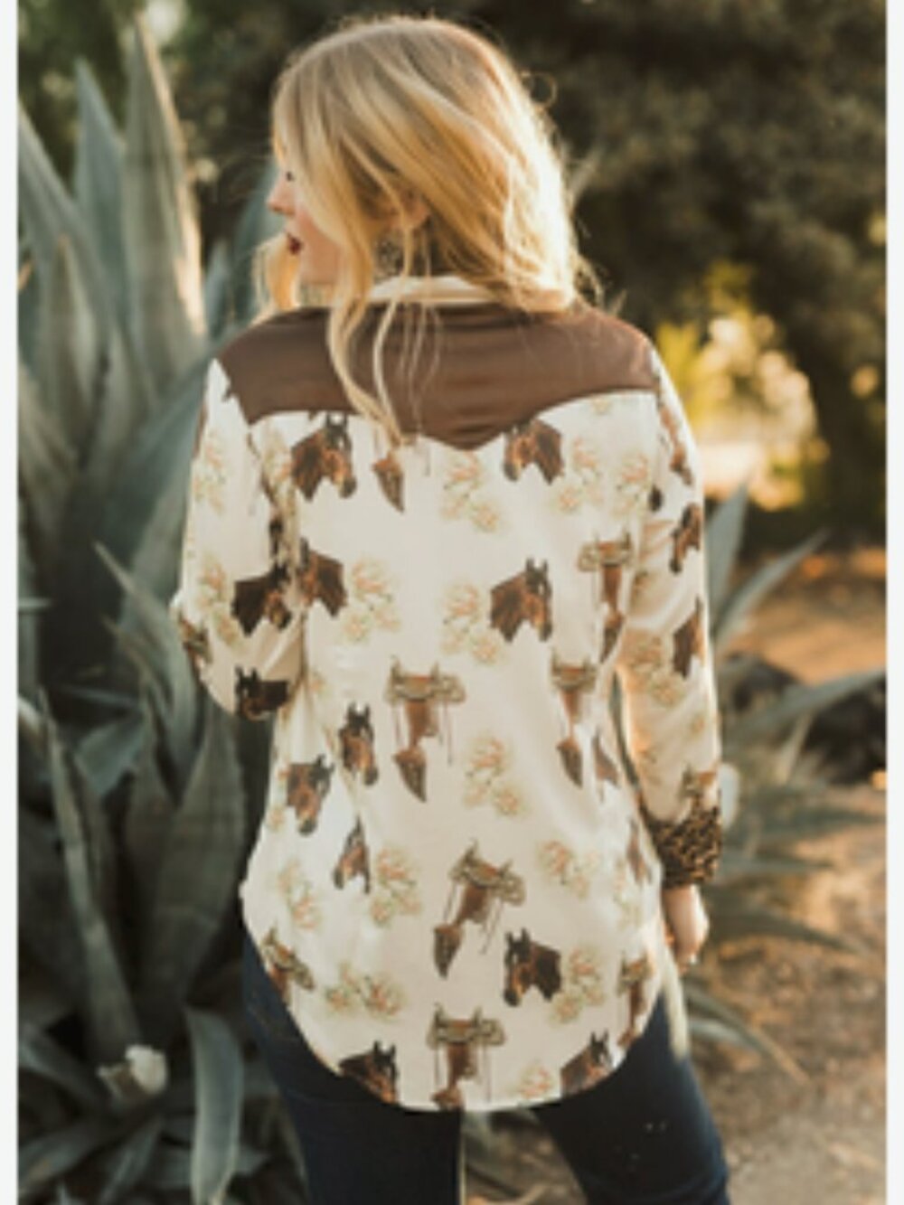 Cream Horse-Print Button Down Shirt with Leopard Trim - Picture 3 of 8